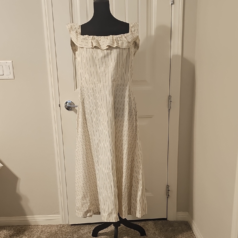 Ann Taylor Cream/Black Stripe Off-Shoulder Dress